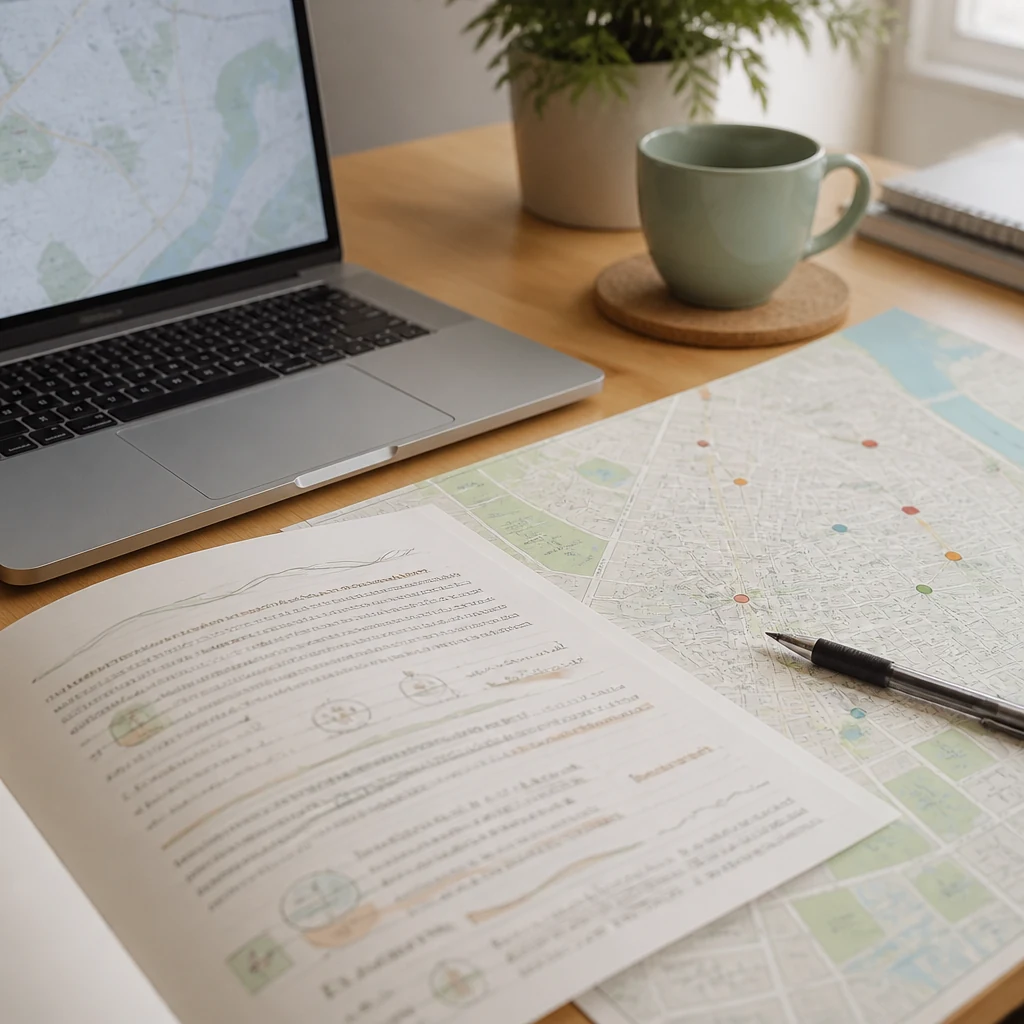 Ordinateur portable ouvert avec une carte de ville un papier imprime et un stylo poses sur un bureau en bois