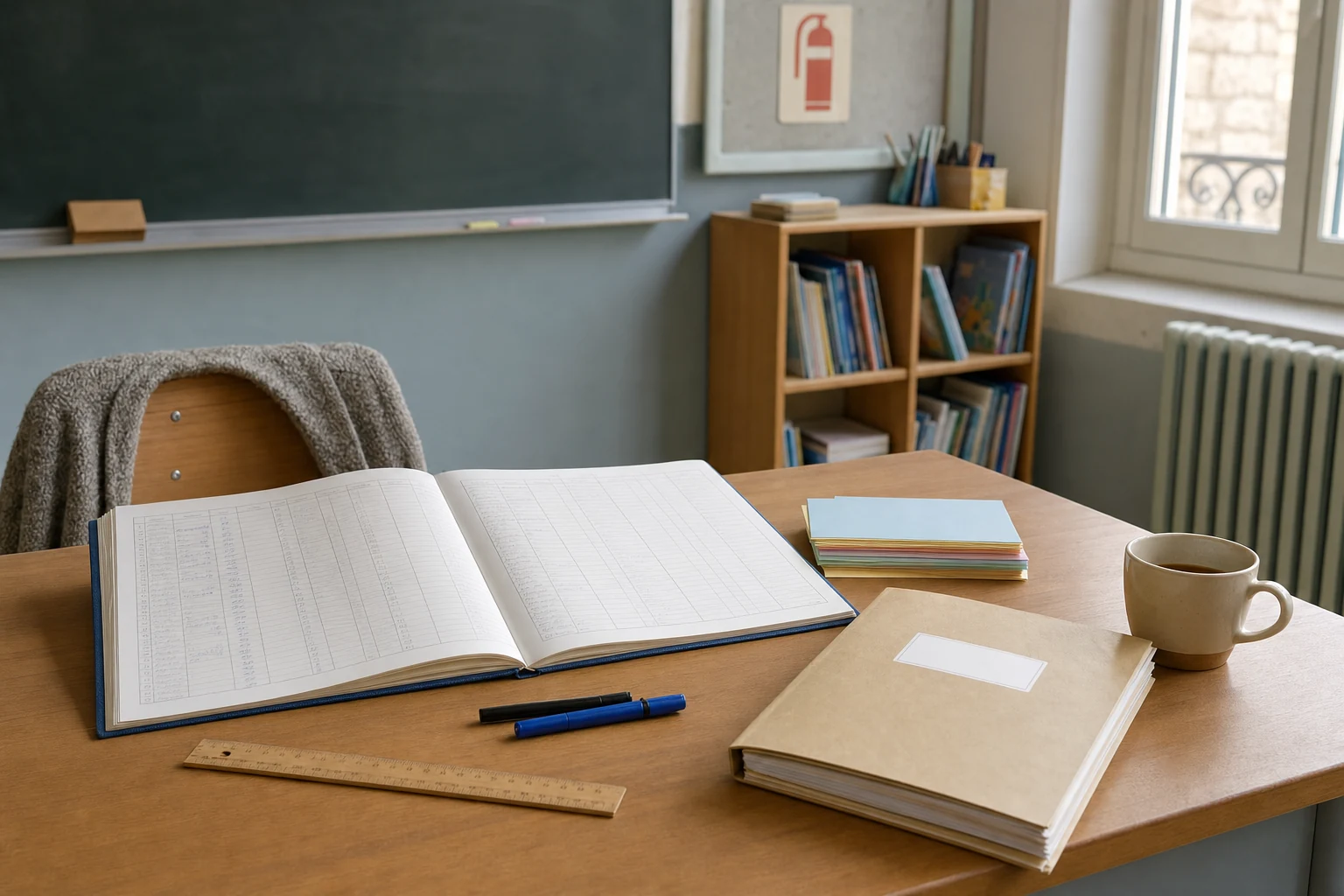 Bureau d'un professeur des ecoles avec registre d'appel ouvert, livret scolaire, classeur d'affichages reglementaires et cahier journal sur fond clair