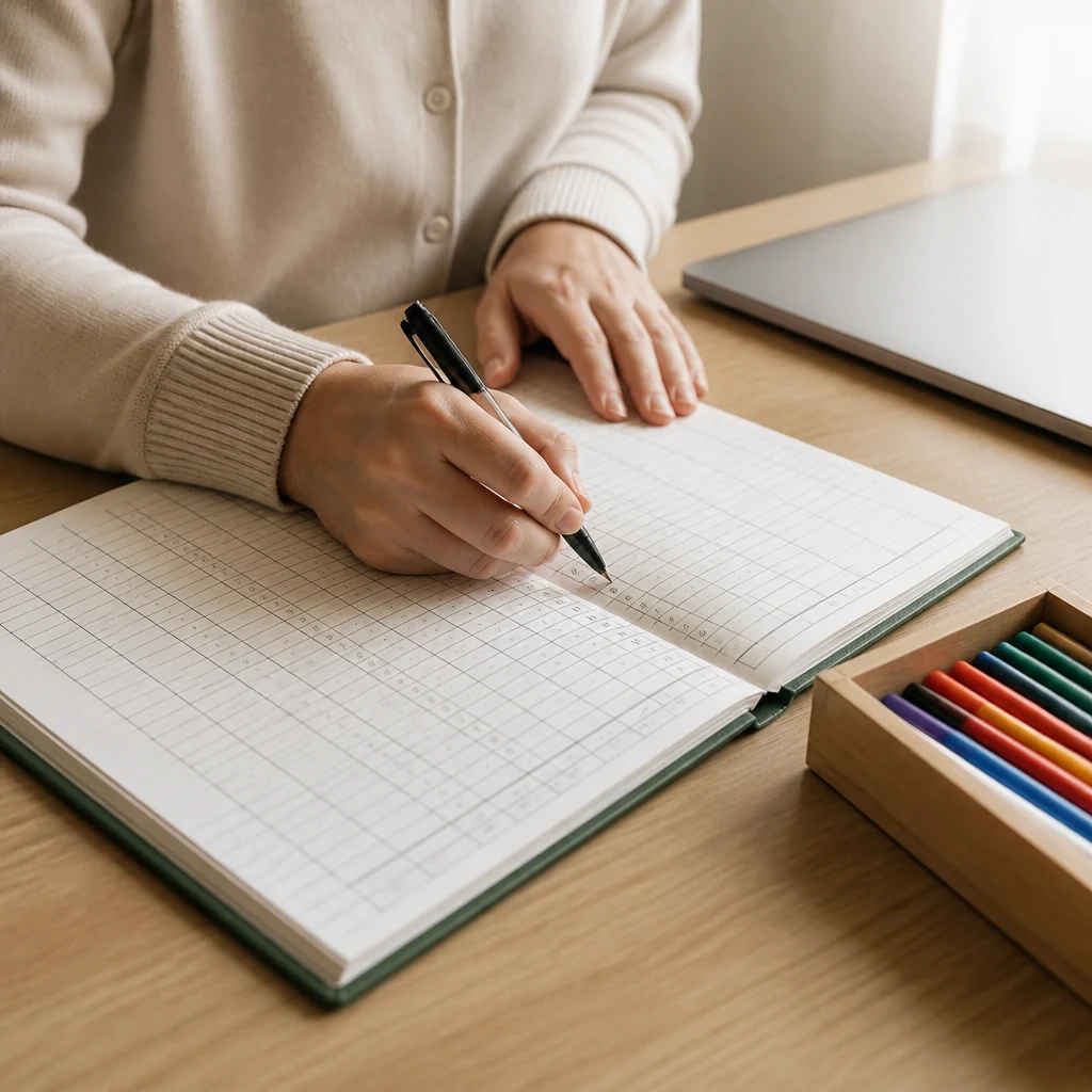 Mains d'une enseignante remplissant un registre d'appel papier sur un bureau en bois clair, avec un stylo noir et un classeur ferme