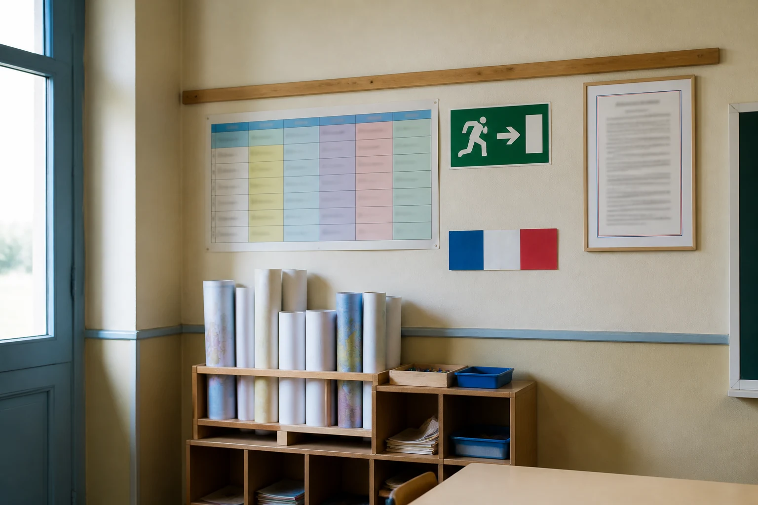 Coin d'un mur de classe primaire francaise avec emploi du temps, pictogramme d'evacuation incendie, charte affichee et bande de drapeau tricolore