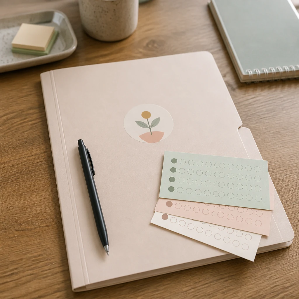 Pochette pastel d'evaluation scolaire fermee avec une grille de cercles a remplir et un stylo noir pose dessus sur un bureau en bois clair
