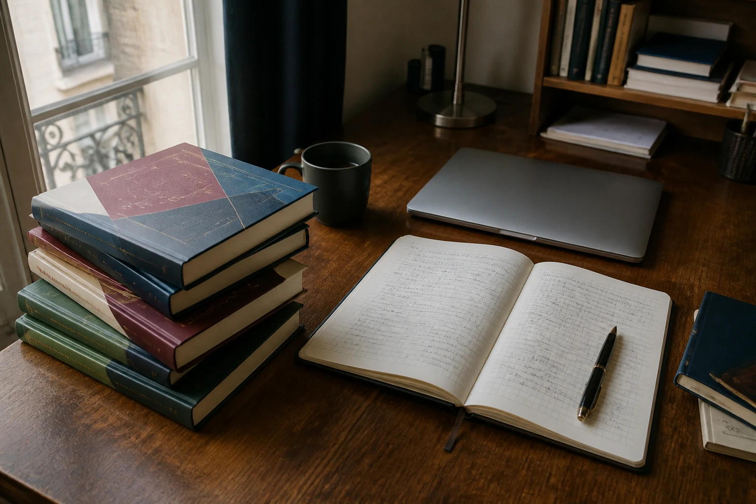 Bureau de prepa avec manuels d'economie et de mathematiques empiles ordinateur portable ferme et carnet ouvert sur fond de fenetre lumineuse