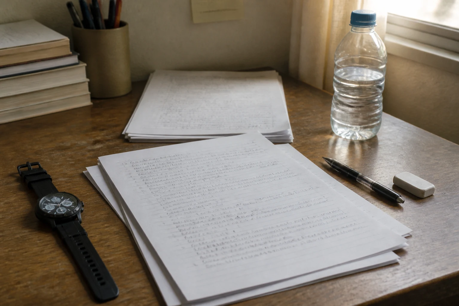 Bureau de prepa avec feuilles de copie empilees montre digitale stylo noir et bouteille d'eau pour epreuve ecrite