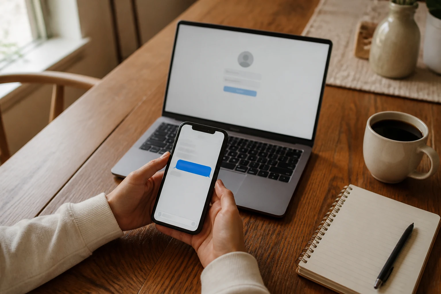 Parent assis a un bureau de cuisine avec smartphone en main et ordinateur ouvert sur une page de connexion generique