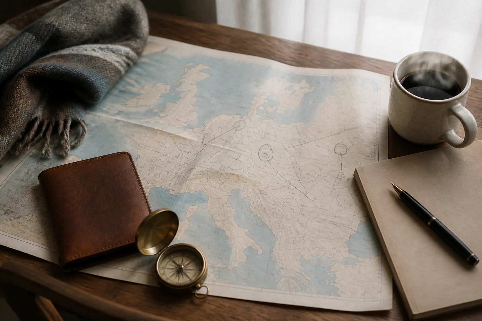 Bureau d'etudiant avec passeport ouvert valise en cuir carte d'Europe depliee et carnet de voyage eclaire par la lumiere du matin