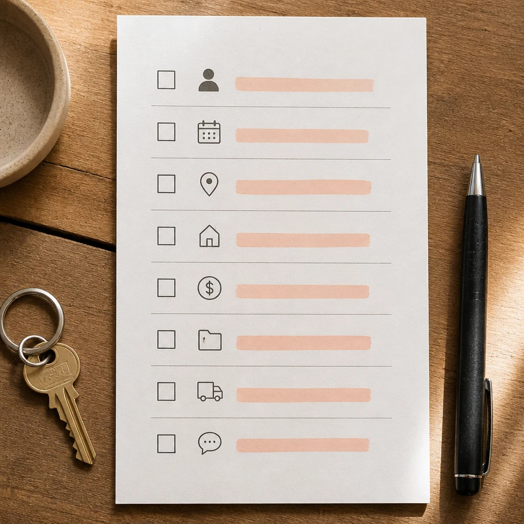 Checklist papier sur bureau en bois avec cases a cocher icones abstraites et stylo noir sur fond creme
