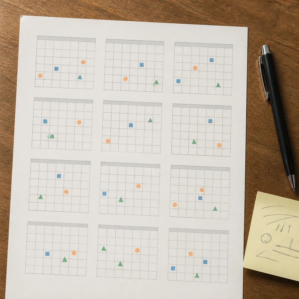 Calendrier papier annuel 4x3 sur bureau en bois avec icones colorees marquant certains mois et stylo noir