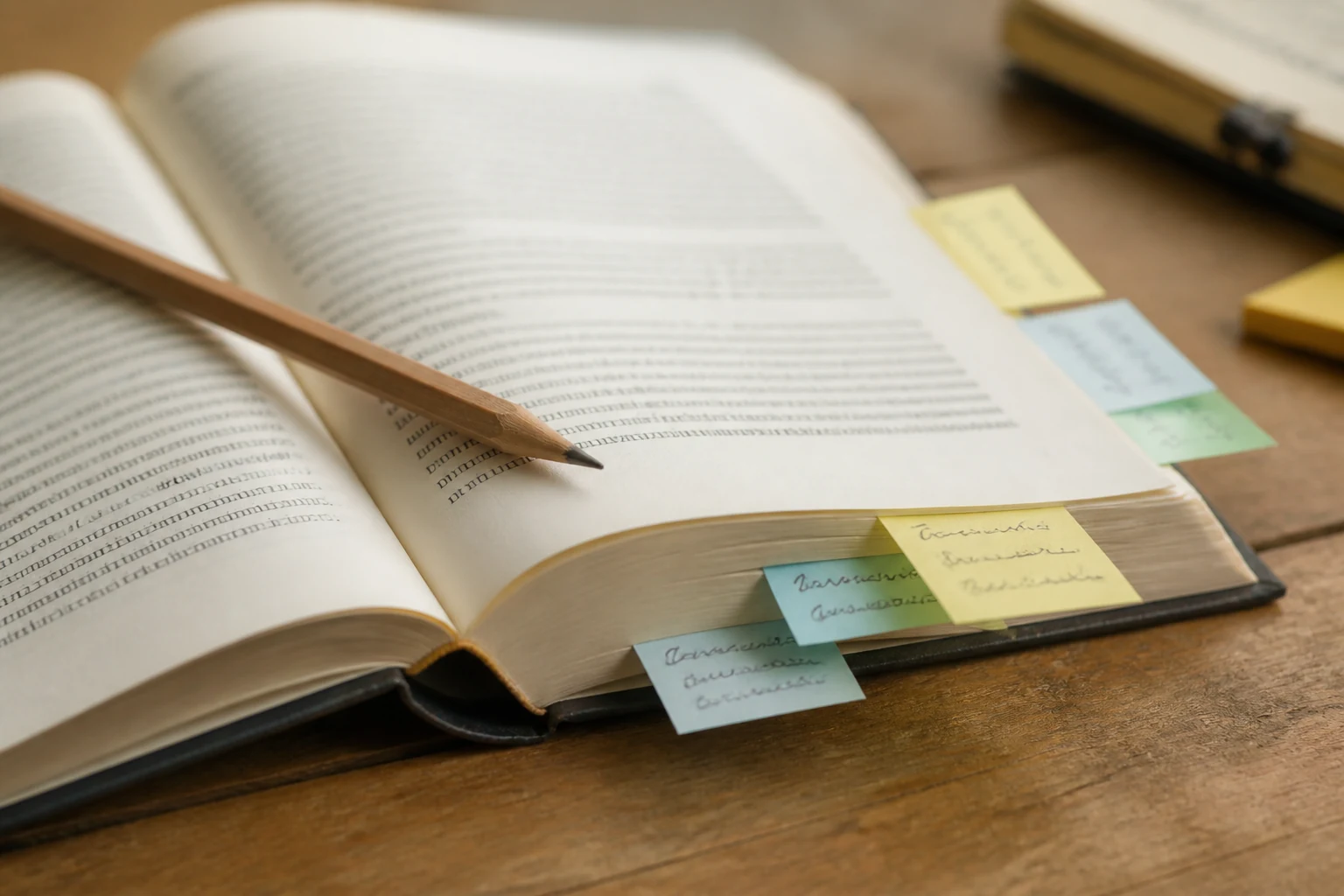 Livre ouvert avec plusieurs post-its colores poses sur un bureau en bois clair avec un crayon a cote