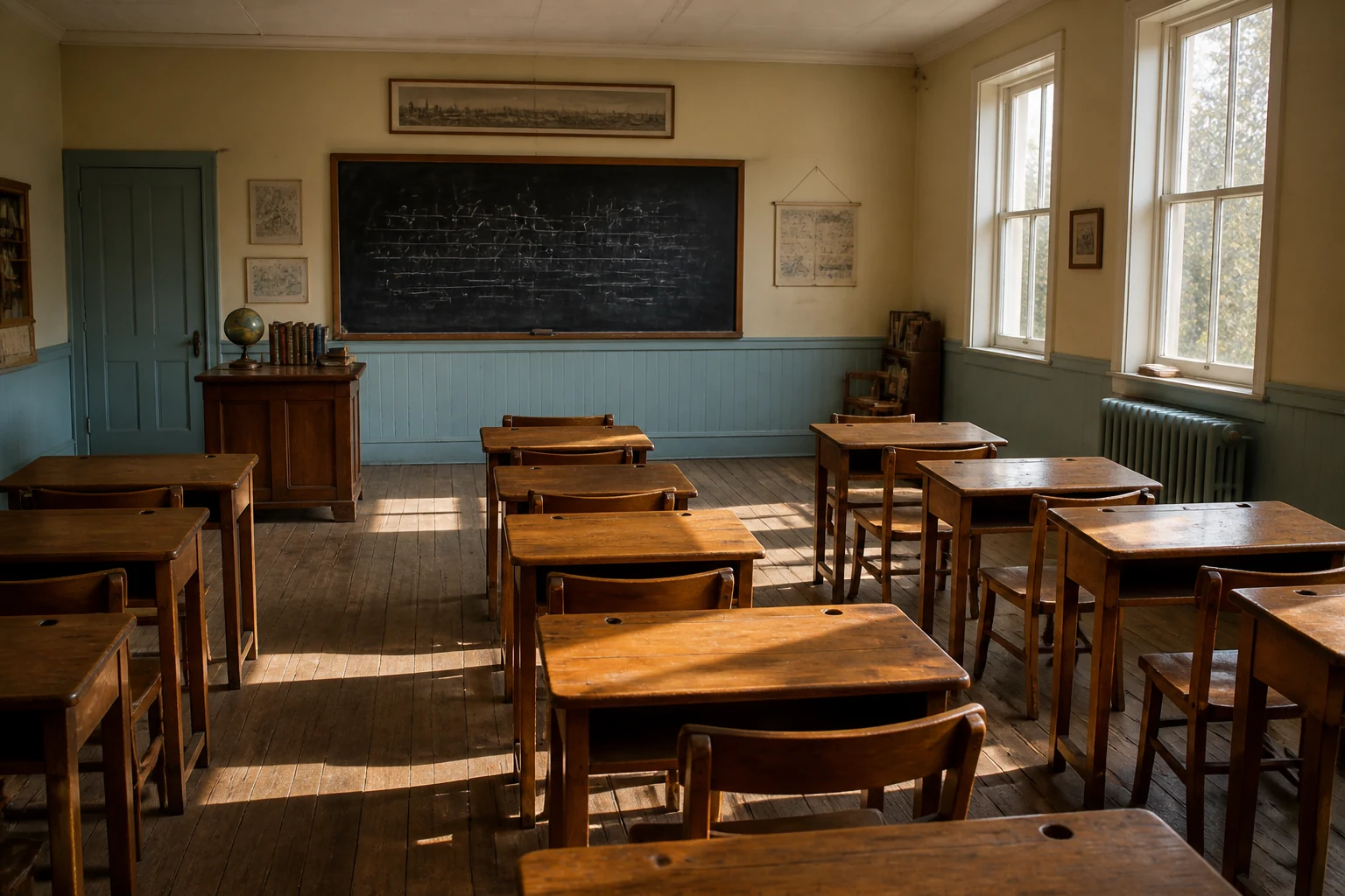 Salle de classe primaire vide avec des bureaux en bois alignes face a un tableau noir et une lumiere venant de la fenetre