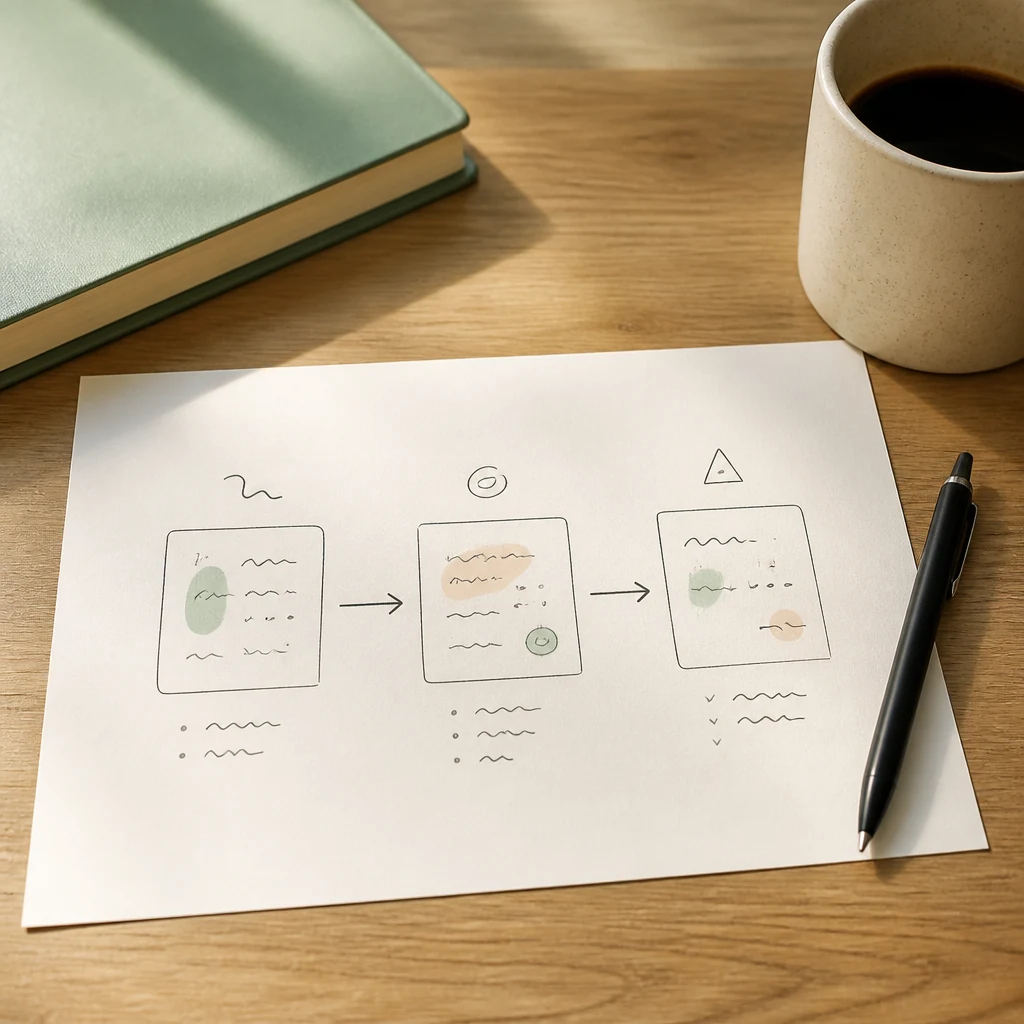Feuille de papier avec un schema de trois cases reliees par des fleches pose sur un bureau en bois avec un stylo et une tasse de cafe