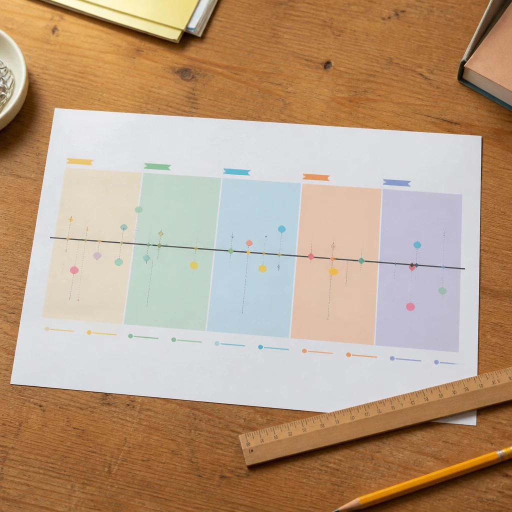 Frise horizontale sur papier indiquant les cinq periodes de l annee scolaire de CP avec des marqueurs pastel