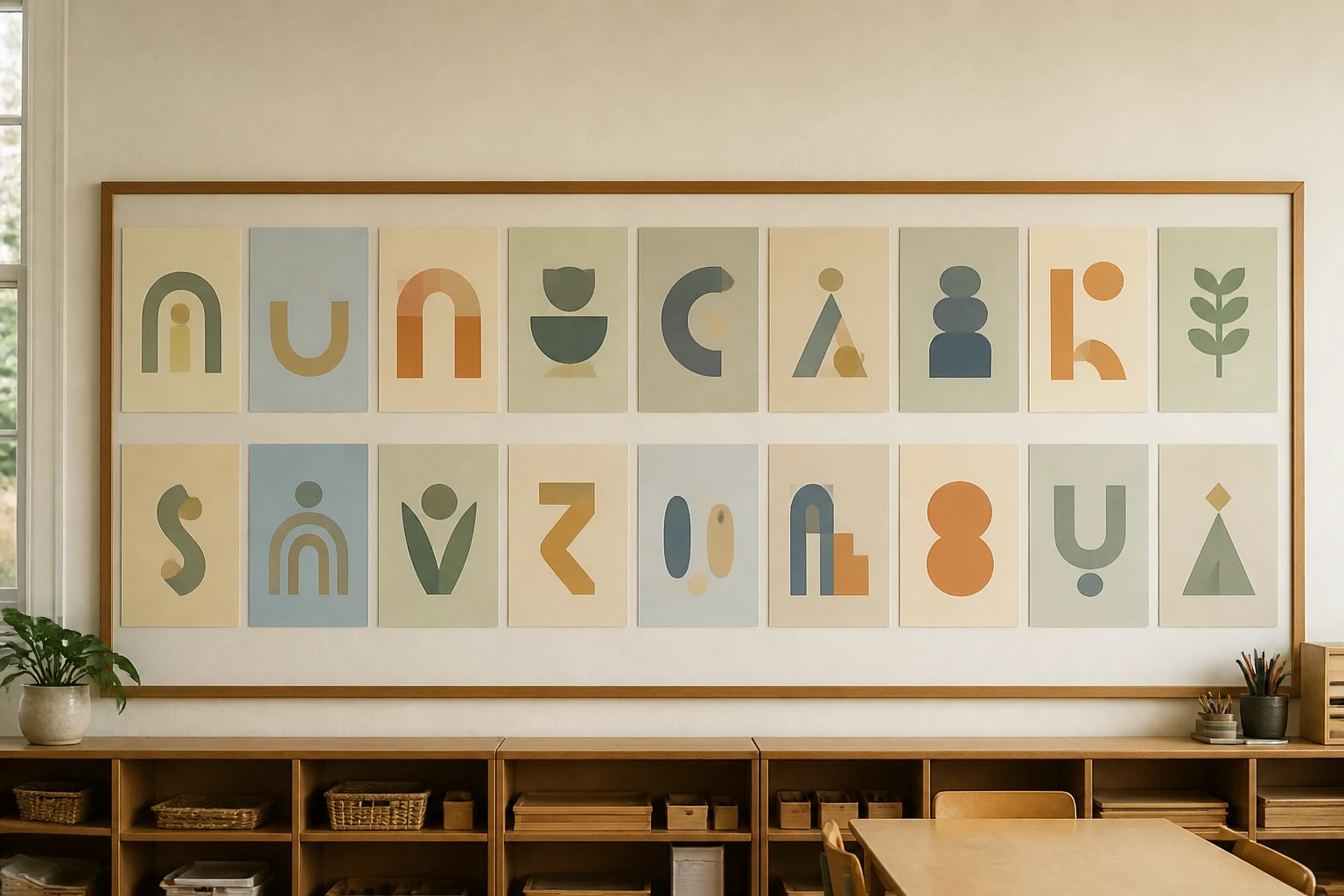Affichage mural d une salle de classe avec une serie de rectangles en carton de couleurs pastel montrant des formes et des lettres stylisees