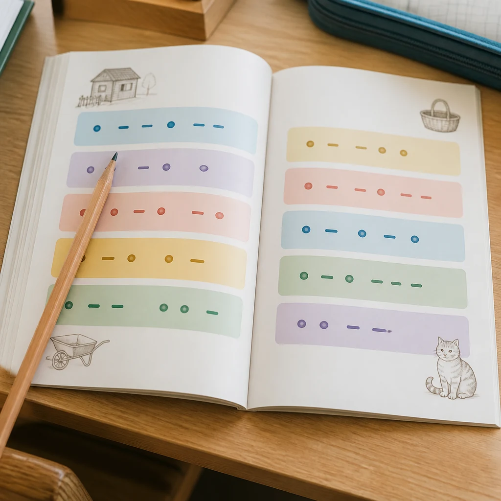 Petit livret de lecture ouvert sur le bureau d un enfant montrant des blocs de syllabes en couleurs pastel