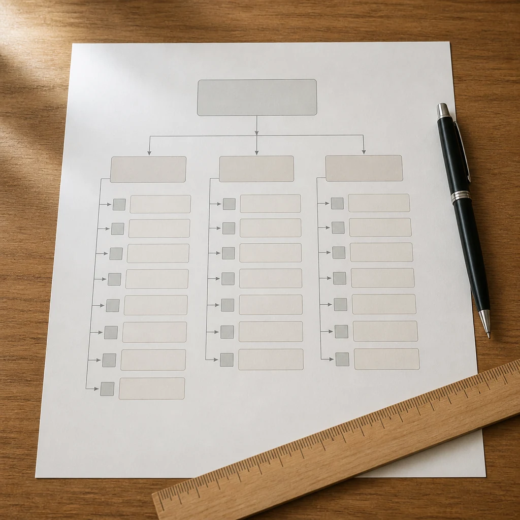 Schema d'organisation imprime sur papier representant les listes principale et complementaire avec formes geometriques sur un bureau