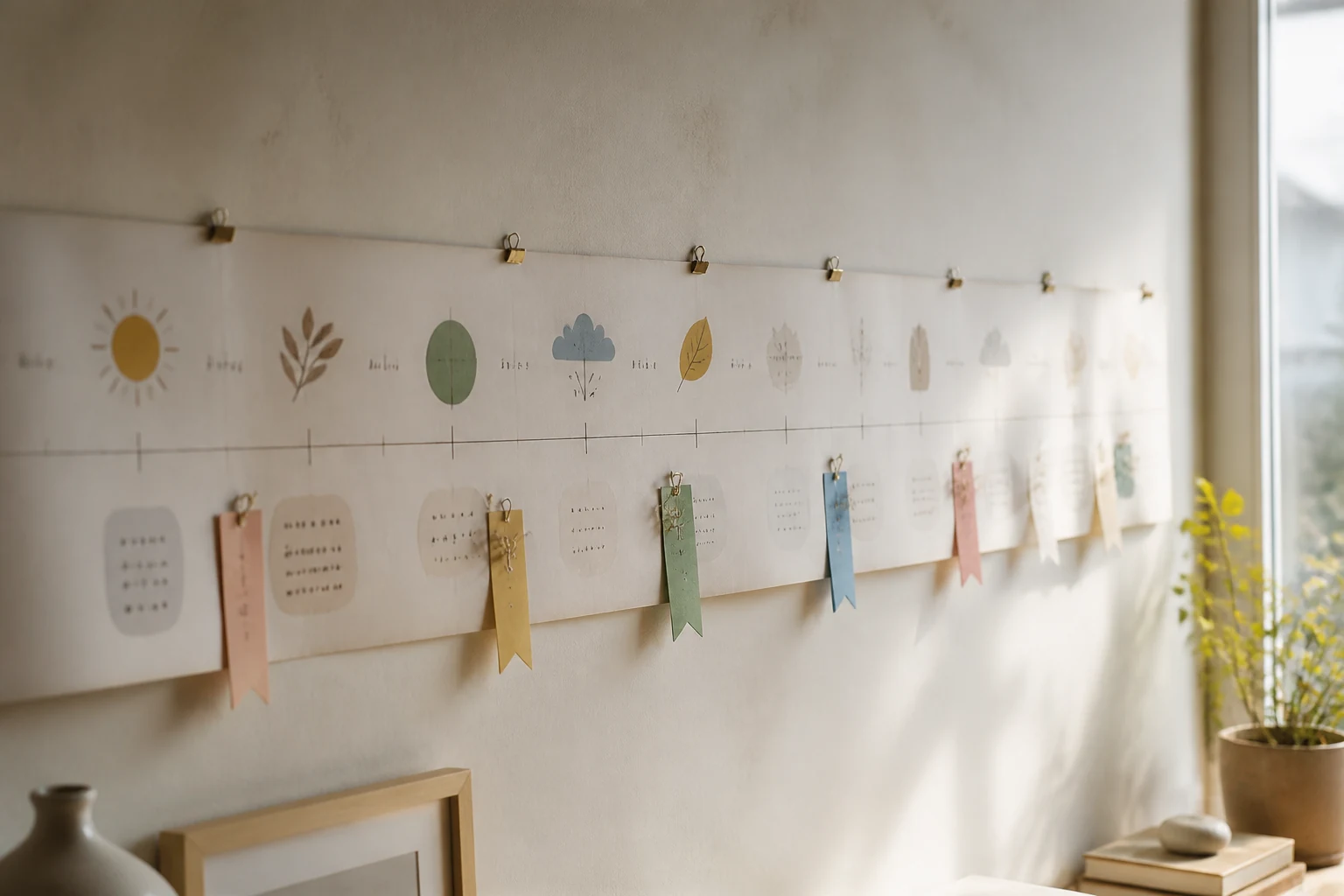 Frise chronologique papier murale avec icones saisonniers et drapeaux colores marquant les etapes d'appel a la liste complementaire