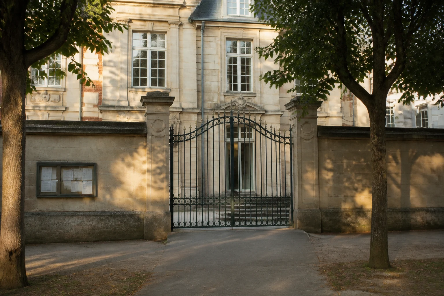 Vue exterieure d un lycee francais avec facade en pierre et grille d entree sous lumiere naturelle