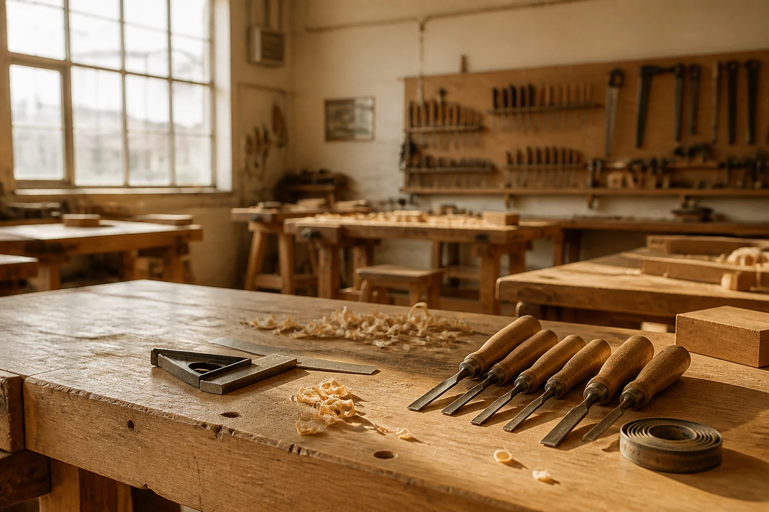 Atelier de menuiserie de lycee professionnel avec etabli en bois outils ranges et copeaux au sol