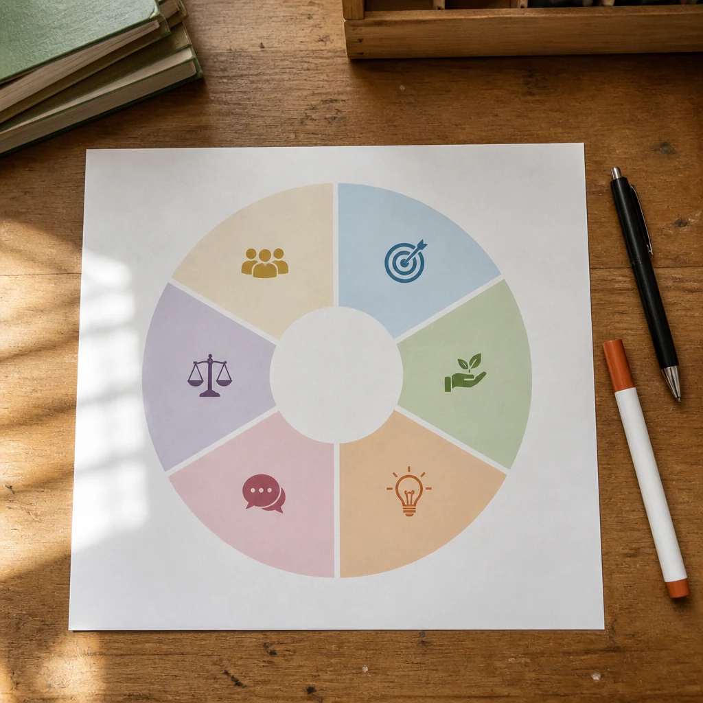 Diagramme circulaire imprime sur une feuille avec six secteurs de couleurs pastel differentes representant les domaines d apprentissage