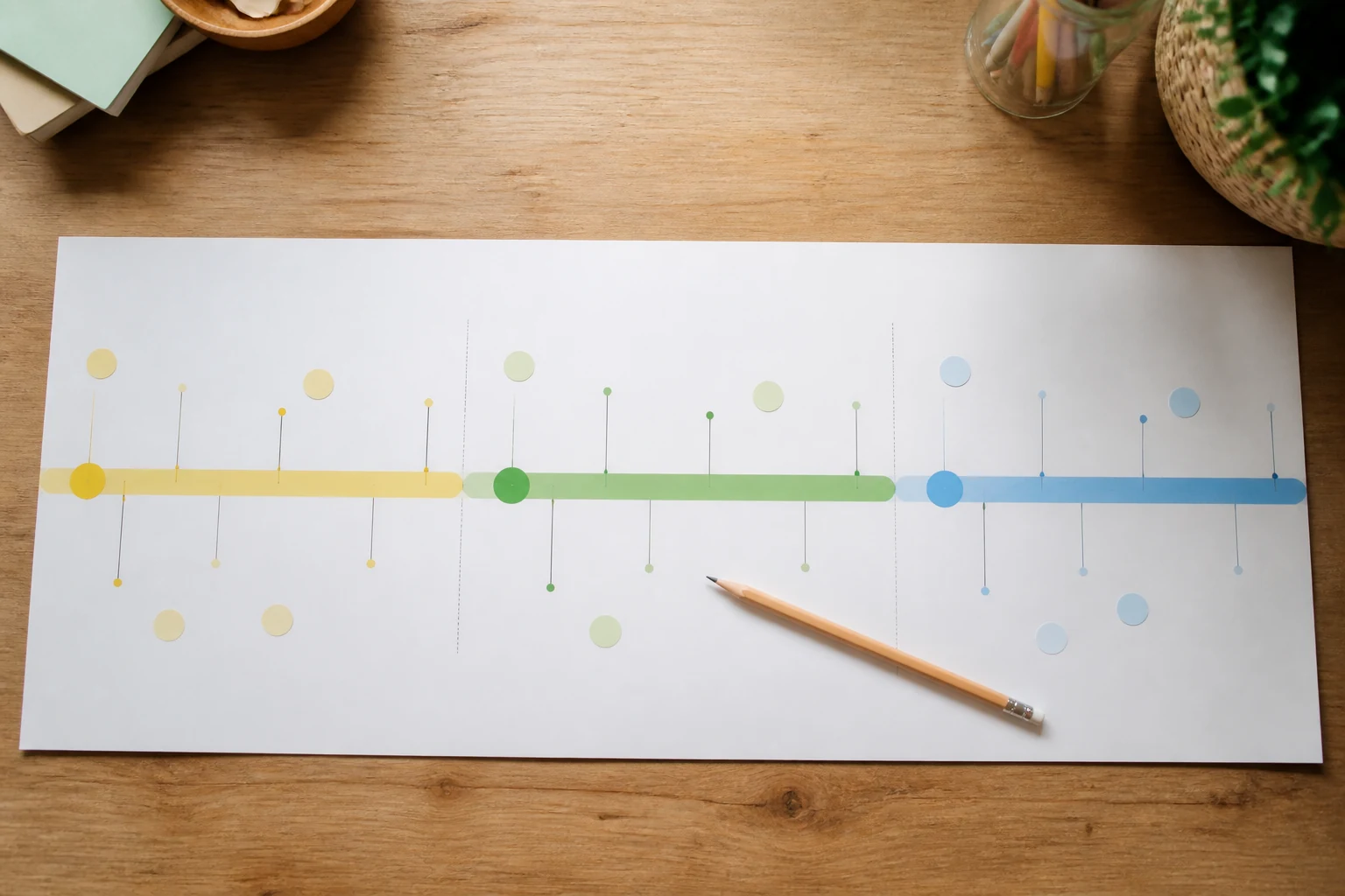 Frise chronologique horizontale sur papier indiquant les trois annees de maternelle PS MS GS avec des marqueurs pastel