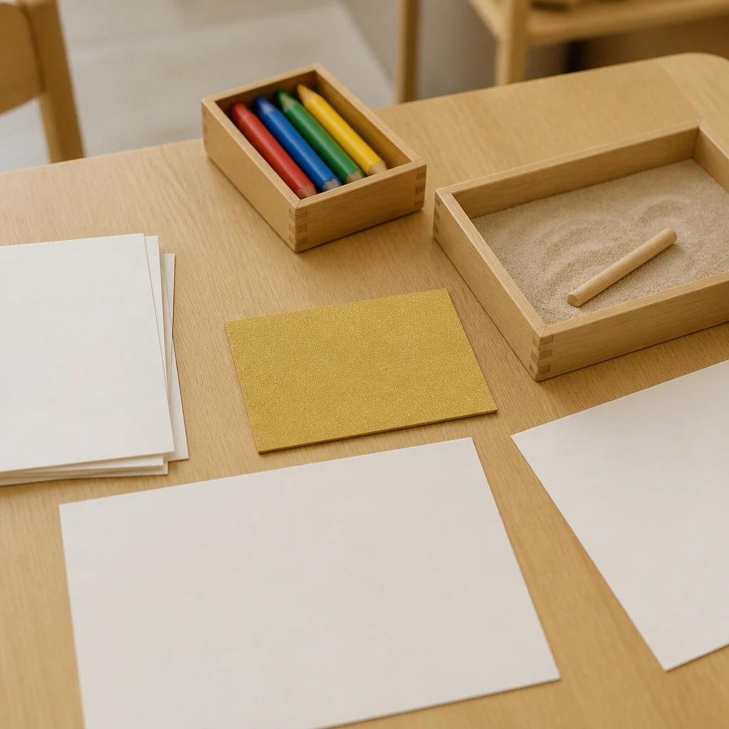 Table d atelier en maternelle avec des feuilles blanches des crayons de couleur en bois une carte de lettre rugueuse et un plateau de sable