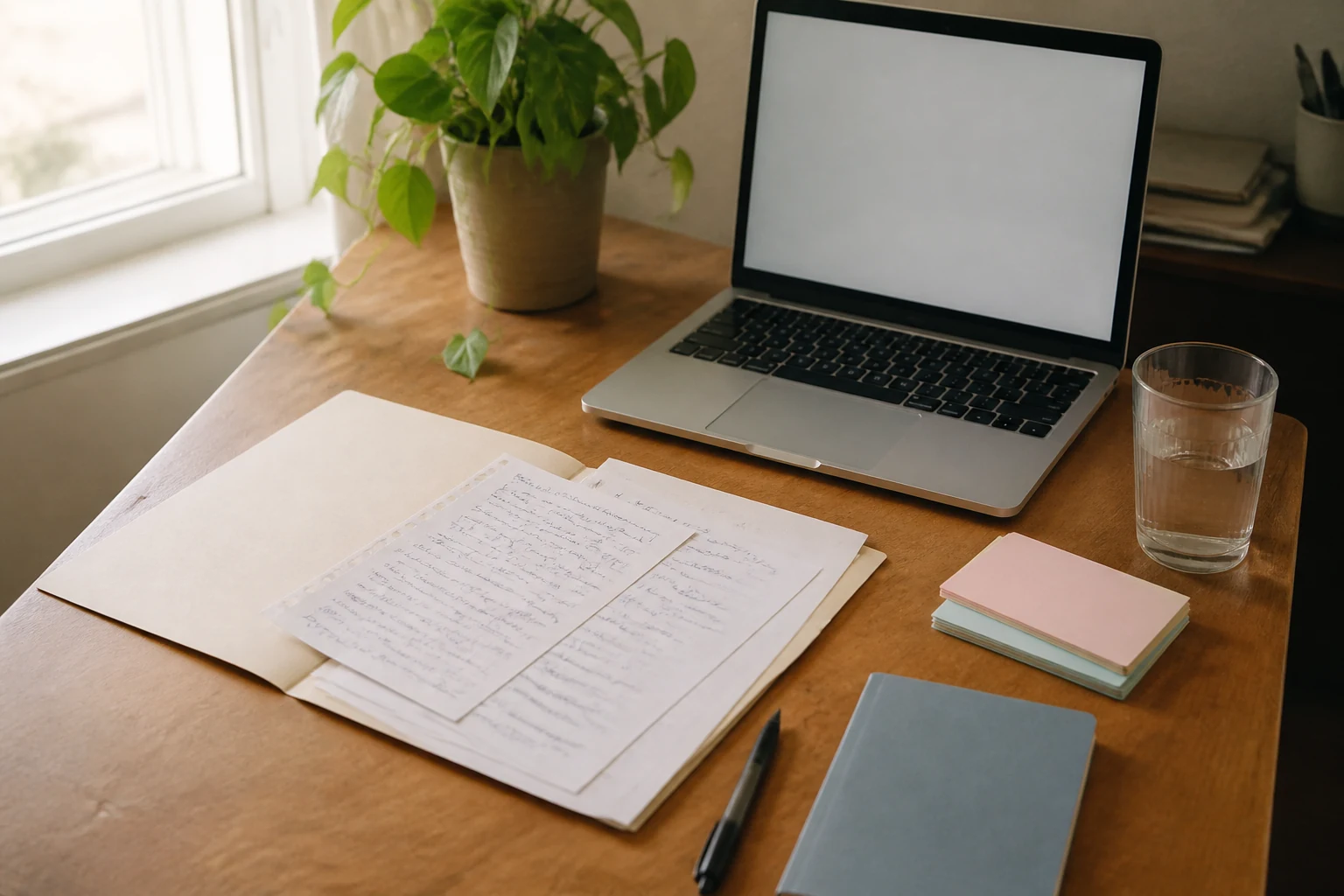 Bureau d'un etudiant en licence avec ordinateur portable, dossier de candidature ouvert, classeur de relevés de notes et stylo