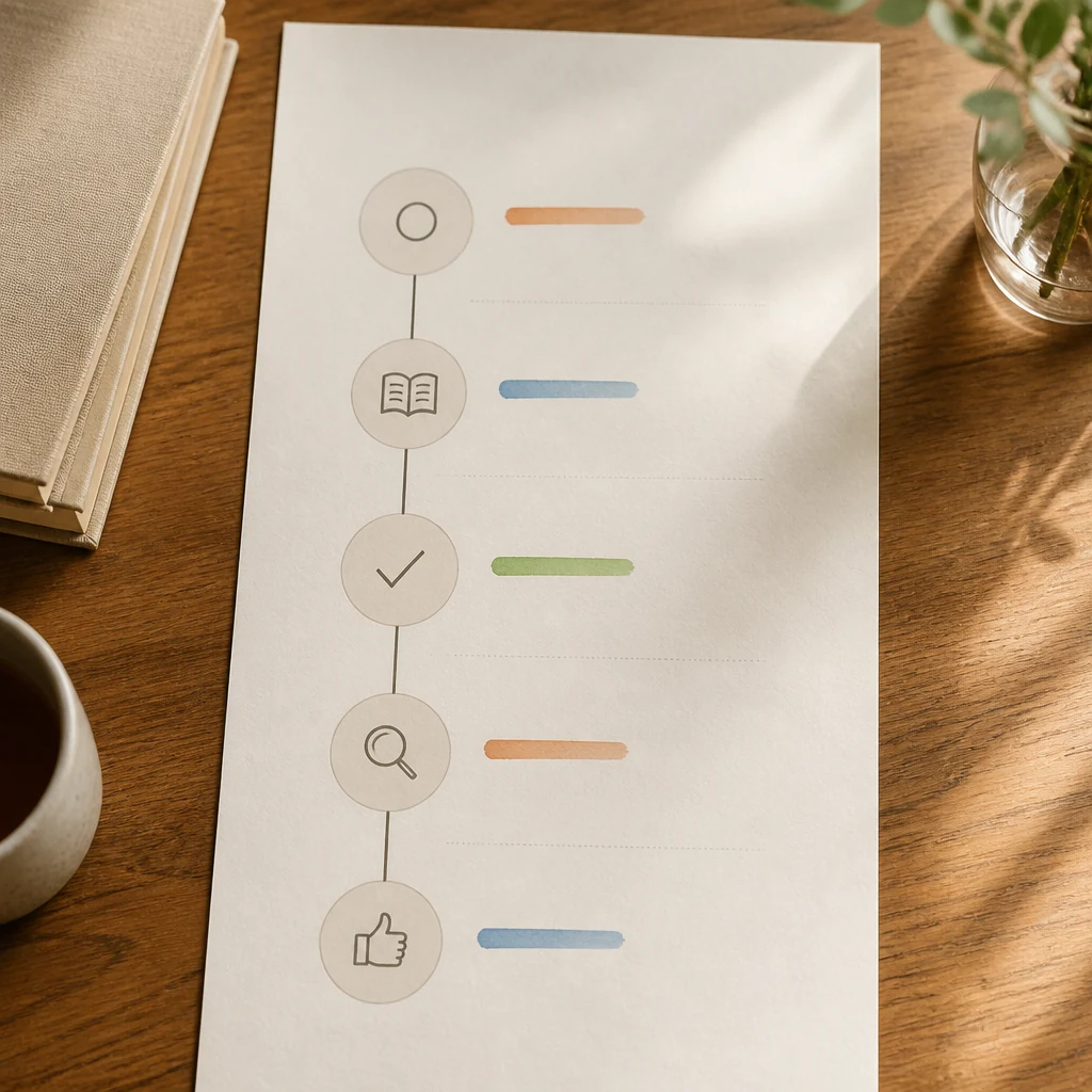 Frise verticale en papier avec cinq blocs marques par des icones pastel representant les cinq etapes Mon Master