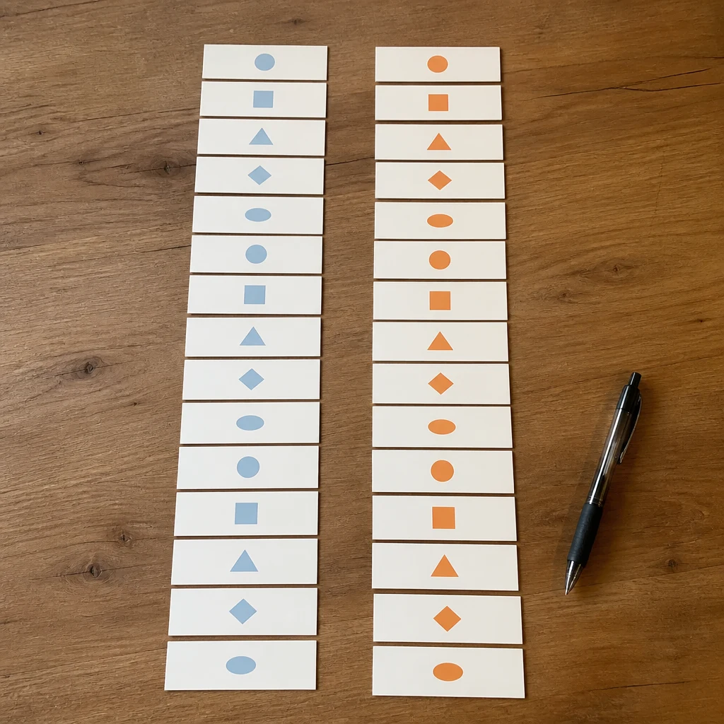 Deux colonnes de petites cartes en papier avec des pastilles colorees representant les 15 voeux classiques et les 15 voeux en alternance