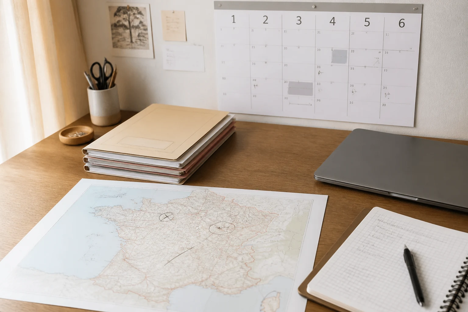 Bureau d'enseignant avec dossier de mutation calendrier carte de France et documents administratifs pour preparer son mouvement