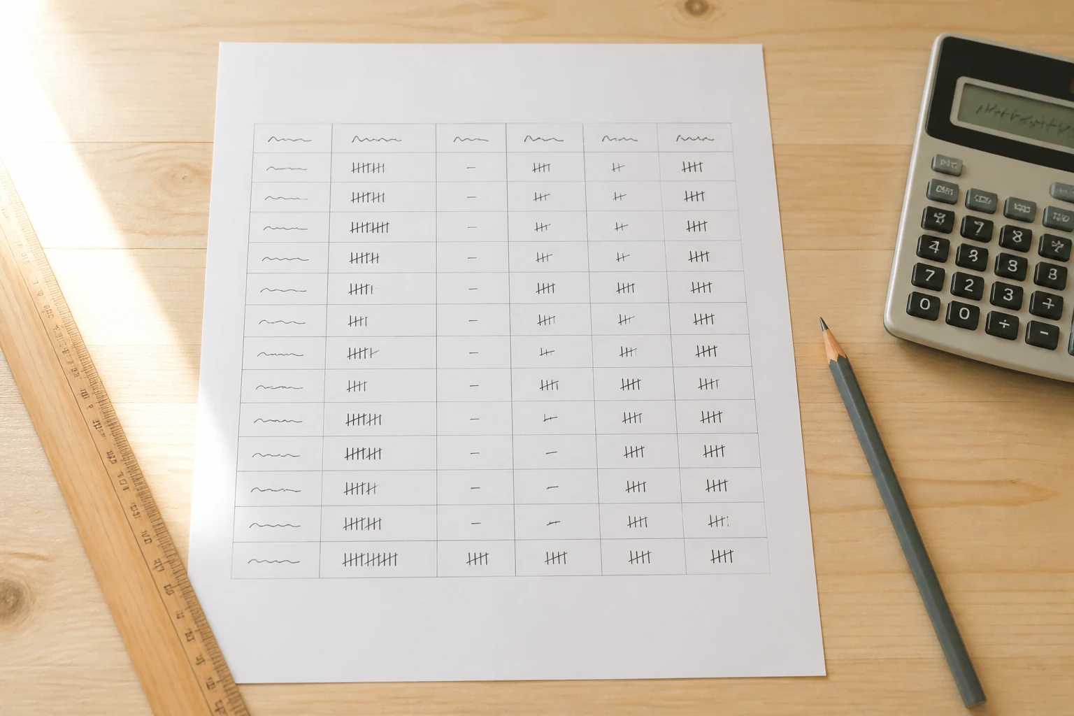Tableau de notation imprime avec calculatrice et stylo sur un bureau en bois pour calculer son bareme de mutation