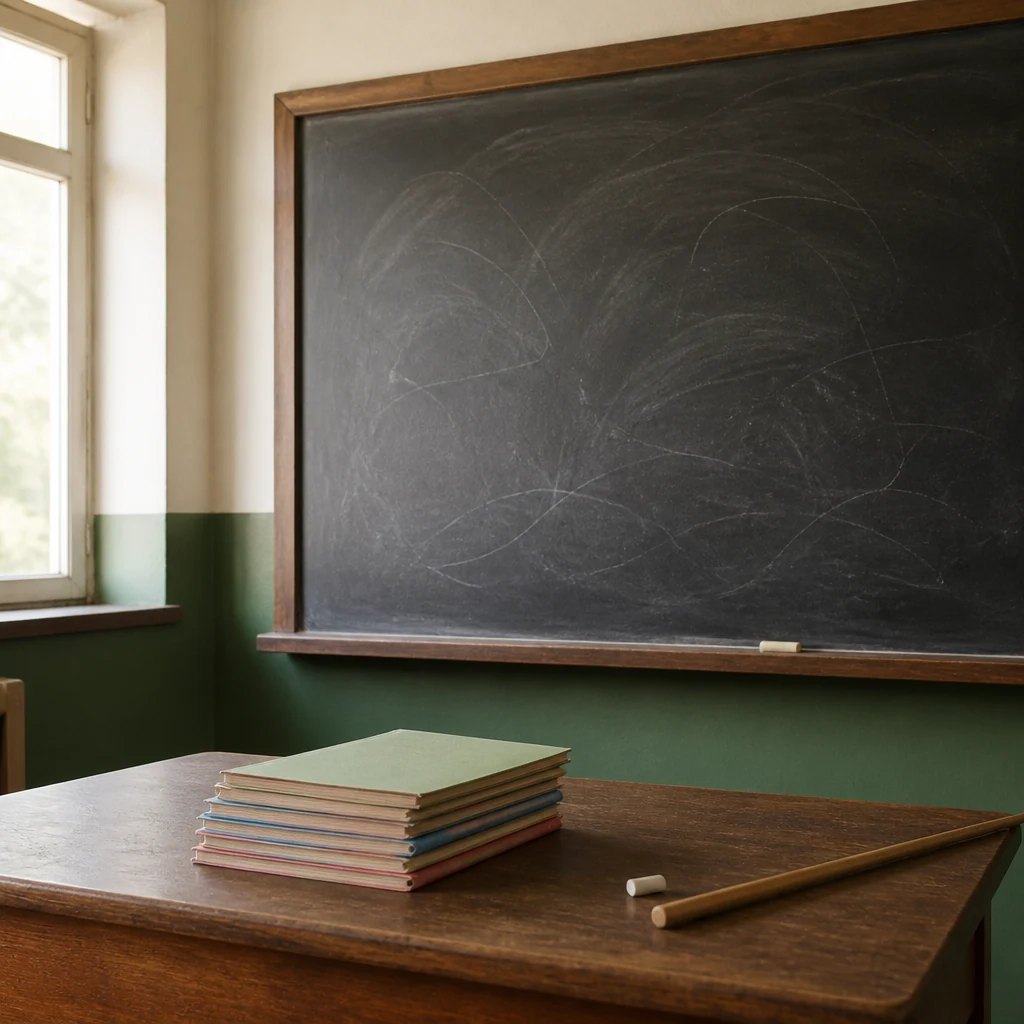 Tableau noir d'une salle de classe primaire vide avec un bureau d'enseignant cahiers et craie pres d'une fenetre