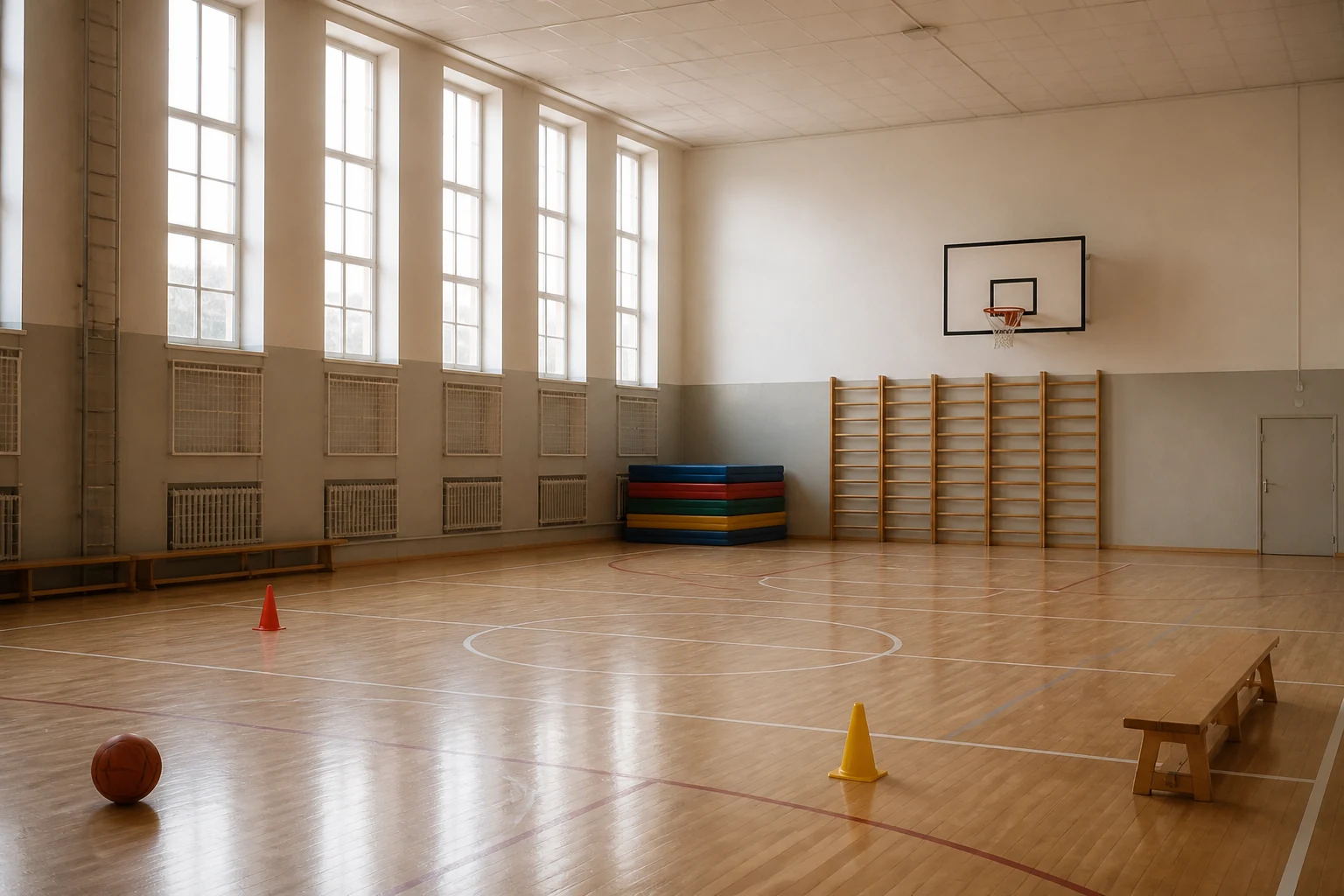 Gymnase scolaire vide avec parquet en bois et tapis de gym empiles dans un coin pres de hautes fenetres lumineuses