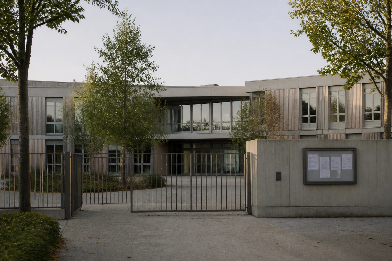 Plan d un lycee francais avec entree principale et panneau d affichage des formations sous la lumiere naturelle