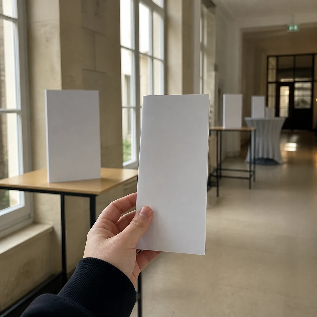Main d eleve tenant une brochure d orientation dans le couloir d un lycee francais lors des portes ouvertes
