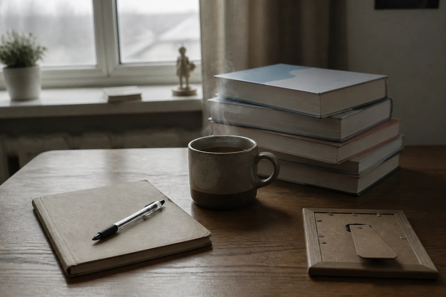Bureau d'etudiant avec carnet ferme livres de medecine empiles tasse de the et lumiere douce du matin sur fenetre embuee