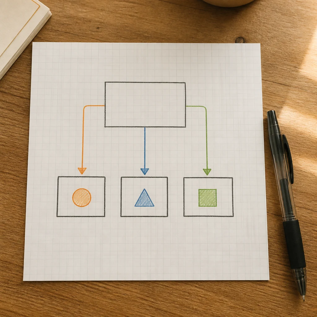 Flowchart papier avec rectangle central et trois flêches descendantes vers trois rectangles colores en pastel orange bleu et vert