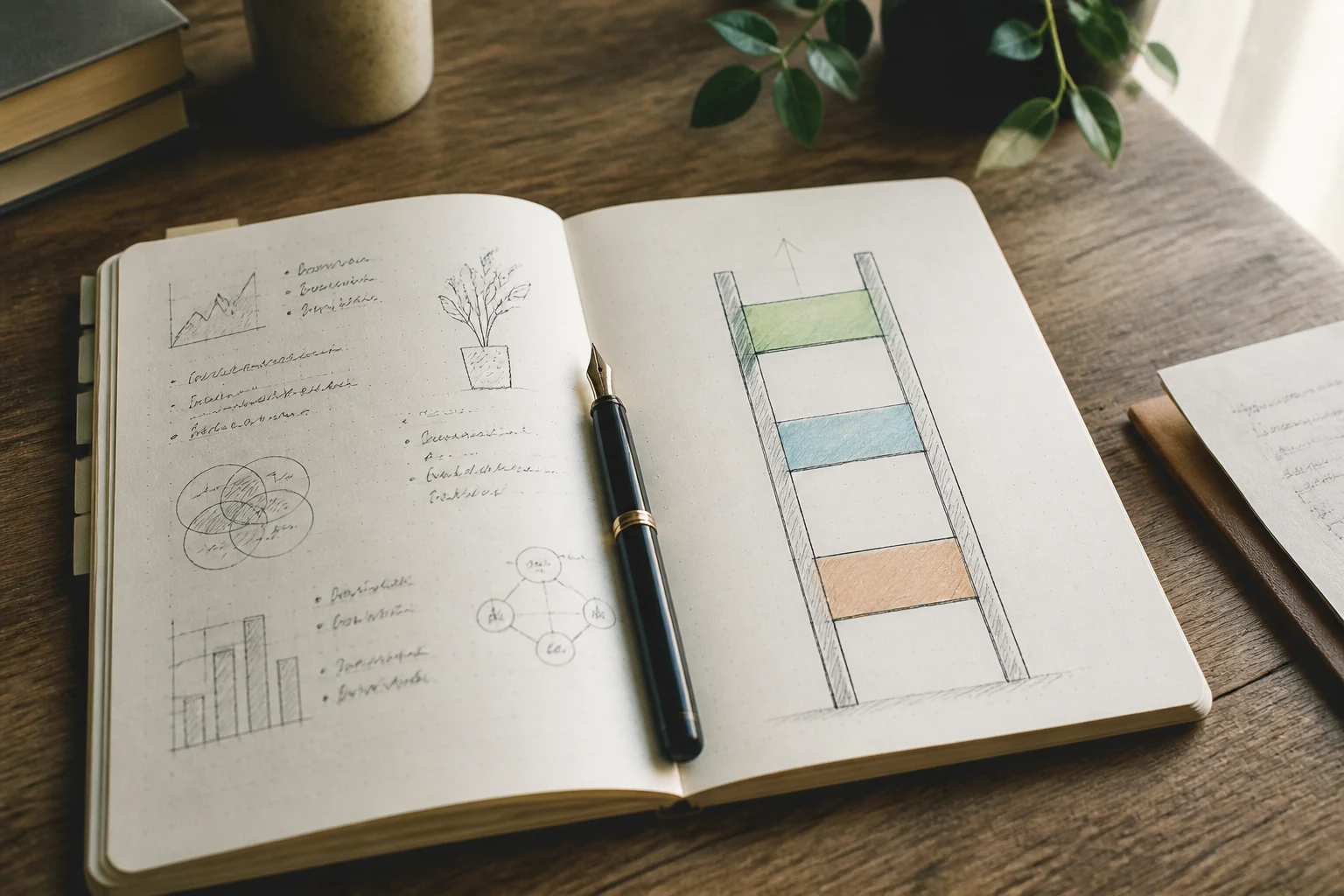 Carnet ouvert sur bureau bois avec notes manuscrites et echelle dessinee a la main avec trois marches colorees pastel