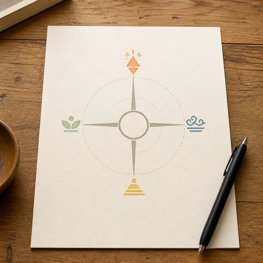 Rose des vents papier sur bureau bois avec quatre directions colorees pastel et icones abstraites representant les alternatives