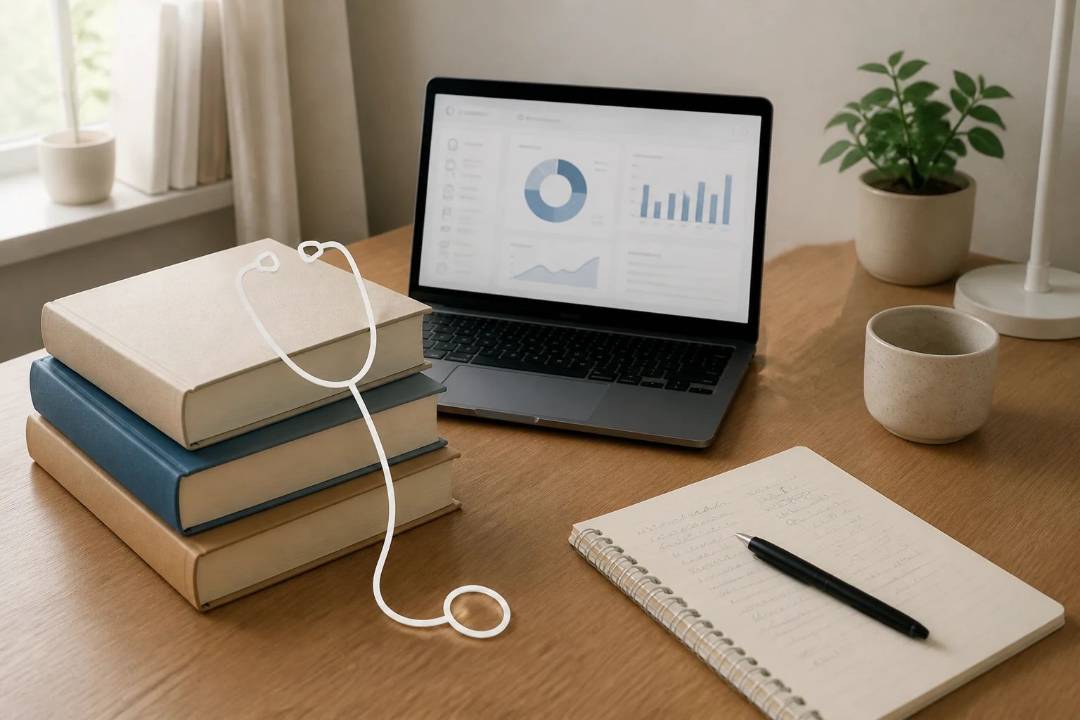 Bureau d'etudiant avec manuels medicaux empiles, stethoscope sur fond bois, ordinateur portable ouvert et notes manuscrites floues