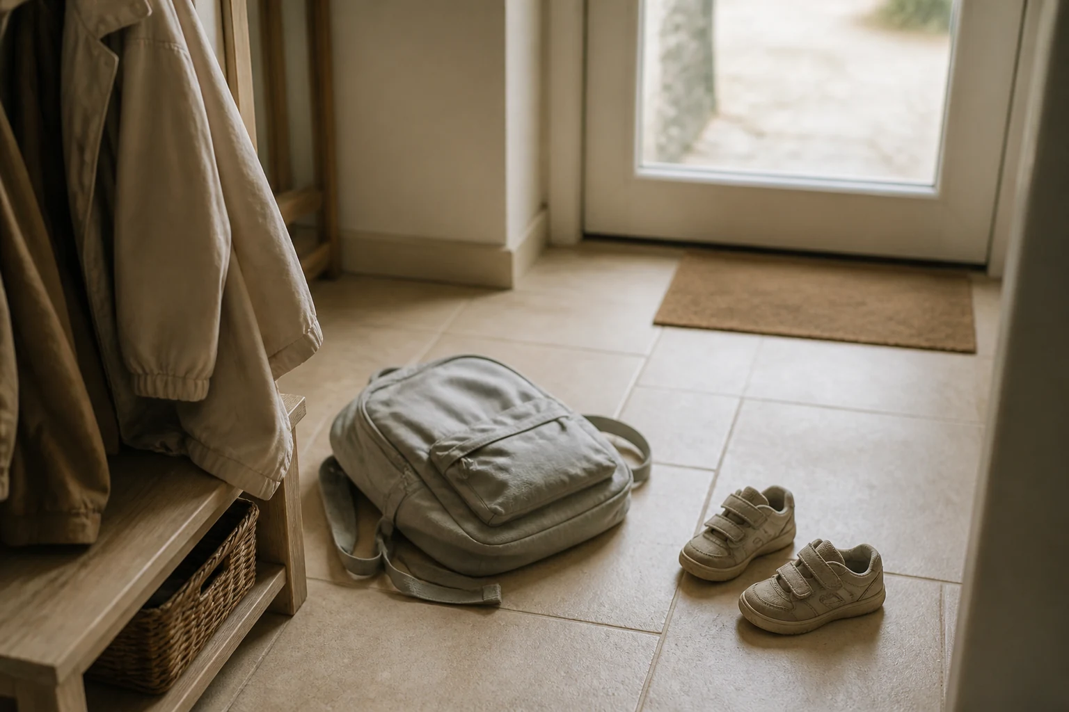 Sac a dos d enfant oublie dans une entree de maison avec des chaussures et un manteau accroches a un porte-manteau