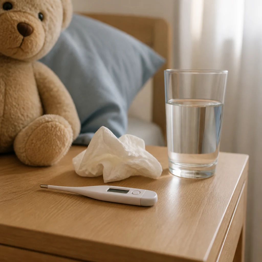 Thermometre digital et tissu en papier chiffonne pres d un verre d eau sur une table de chevet en bois