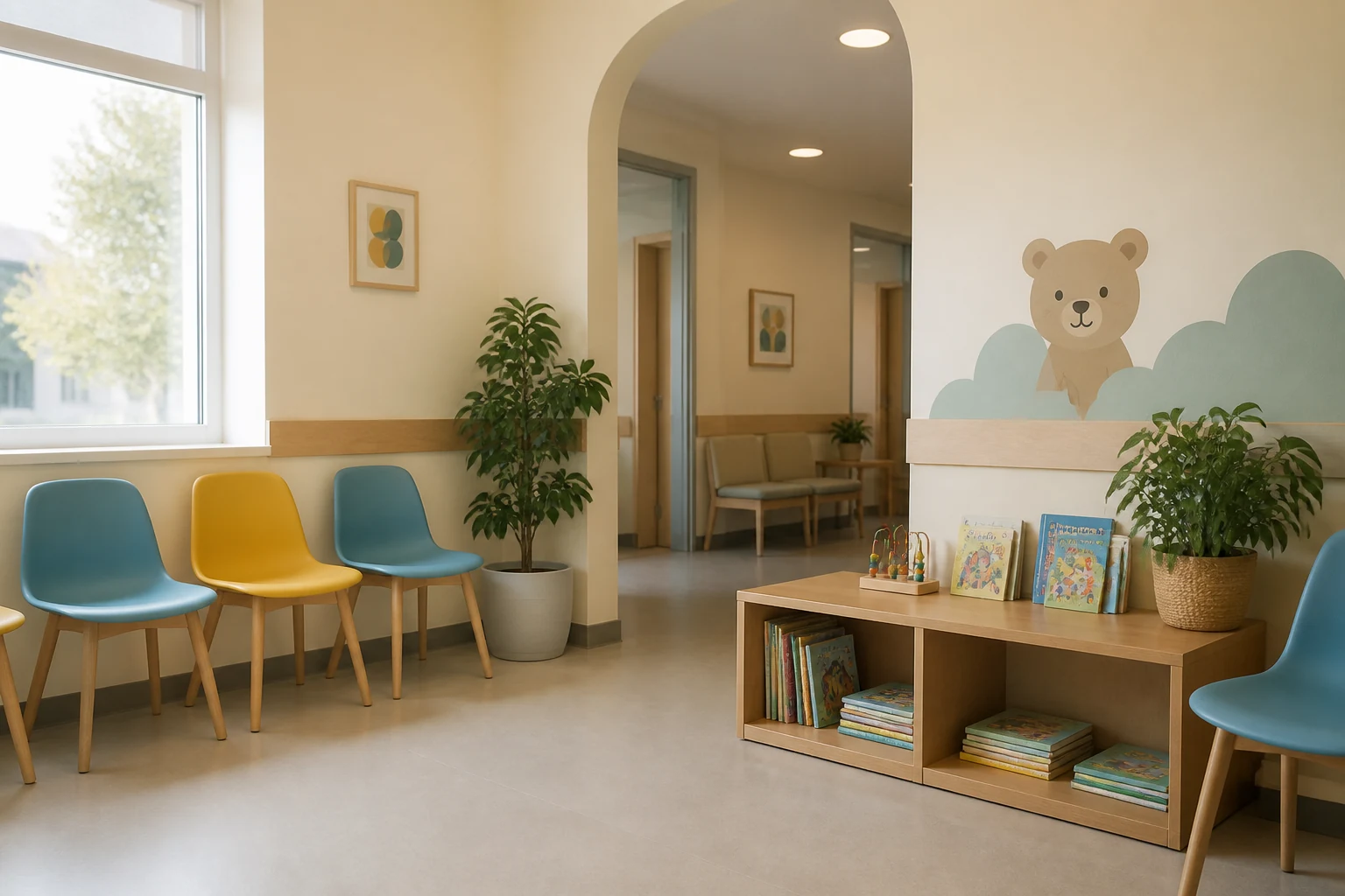Salle d attente pediatrique vide avec quelques chaises colorees une plante et des livres images sur un banc en bois
