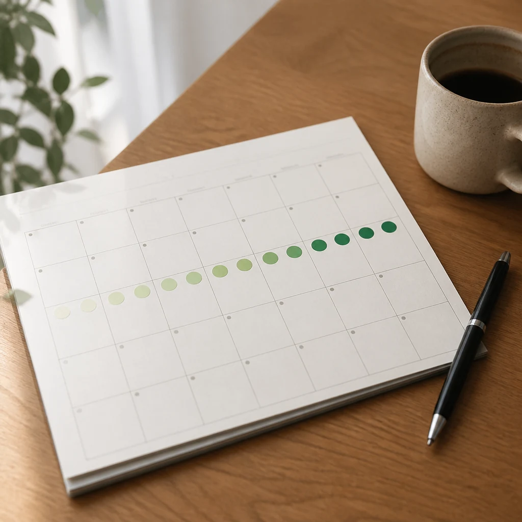 Calendrier papier avec des pastilles de couleur progressives allant du vert pastel au vert plus fonce pose sur un bureau en bois