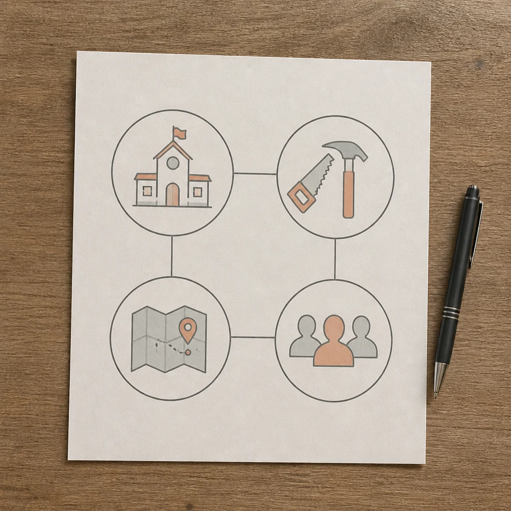 Schema circulaire en papier representant les quatre acteurs de l'orientation eleve professeur famille region interconnectes