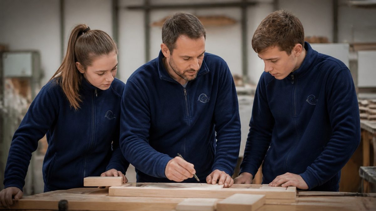 Un formateur et deux apprentis en polaire bleu marine brodée travaillent sur une pièce de bois à l'atelier