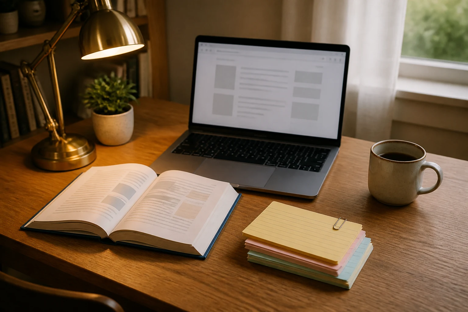 Bureau d etudiant avec un ordinateur portable un manuel ouvert une pile de fiches et une tasse de cafe sous une lampe d architecte