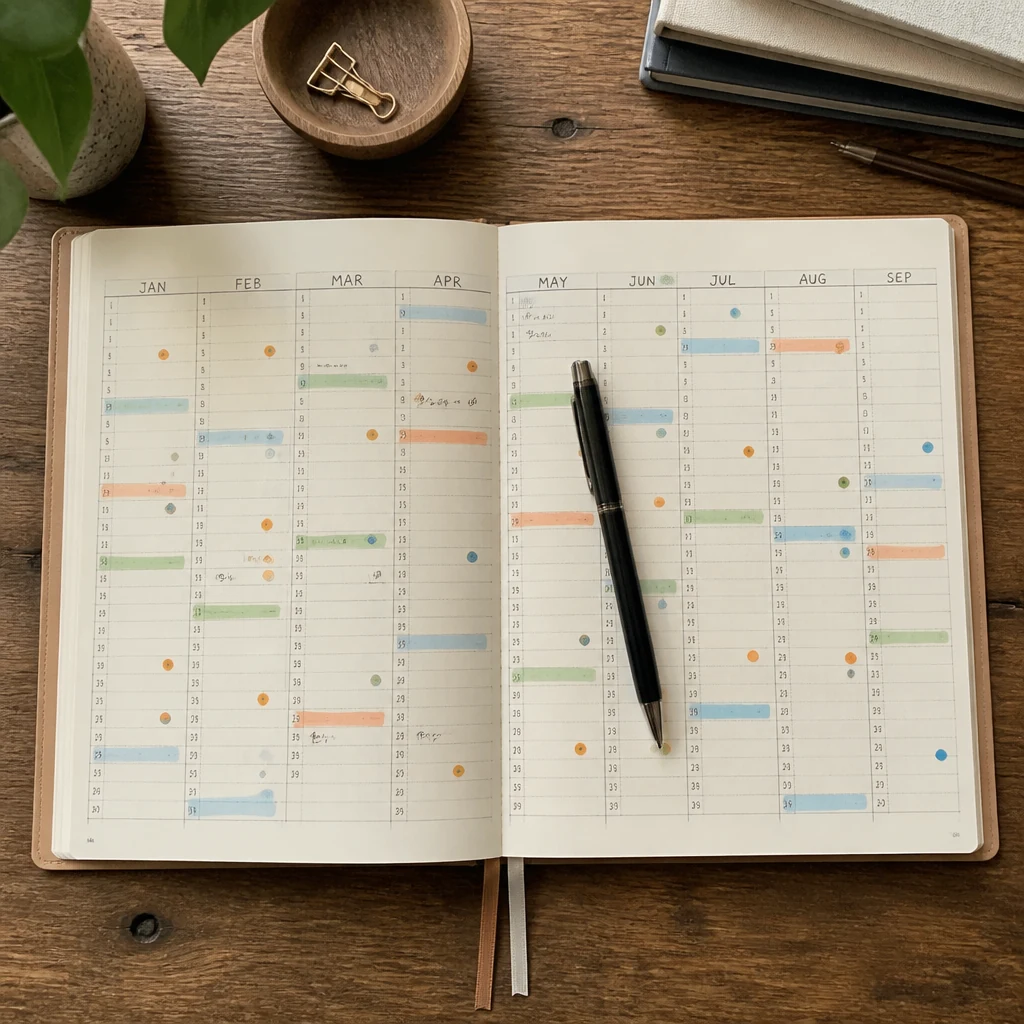 Planning mensuel sur neuf mois avec post it colores marquant les phases de revision disciplinaire et didactique