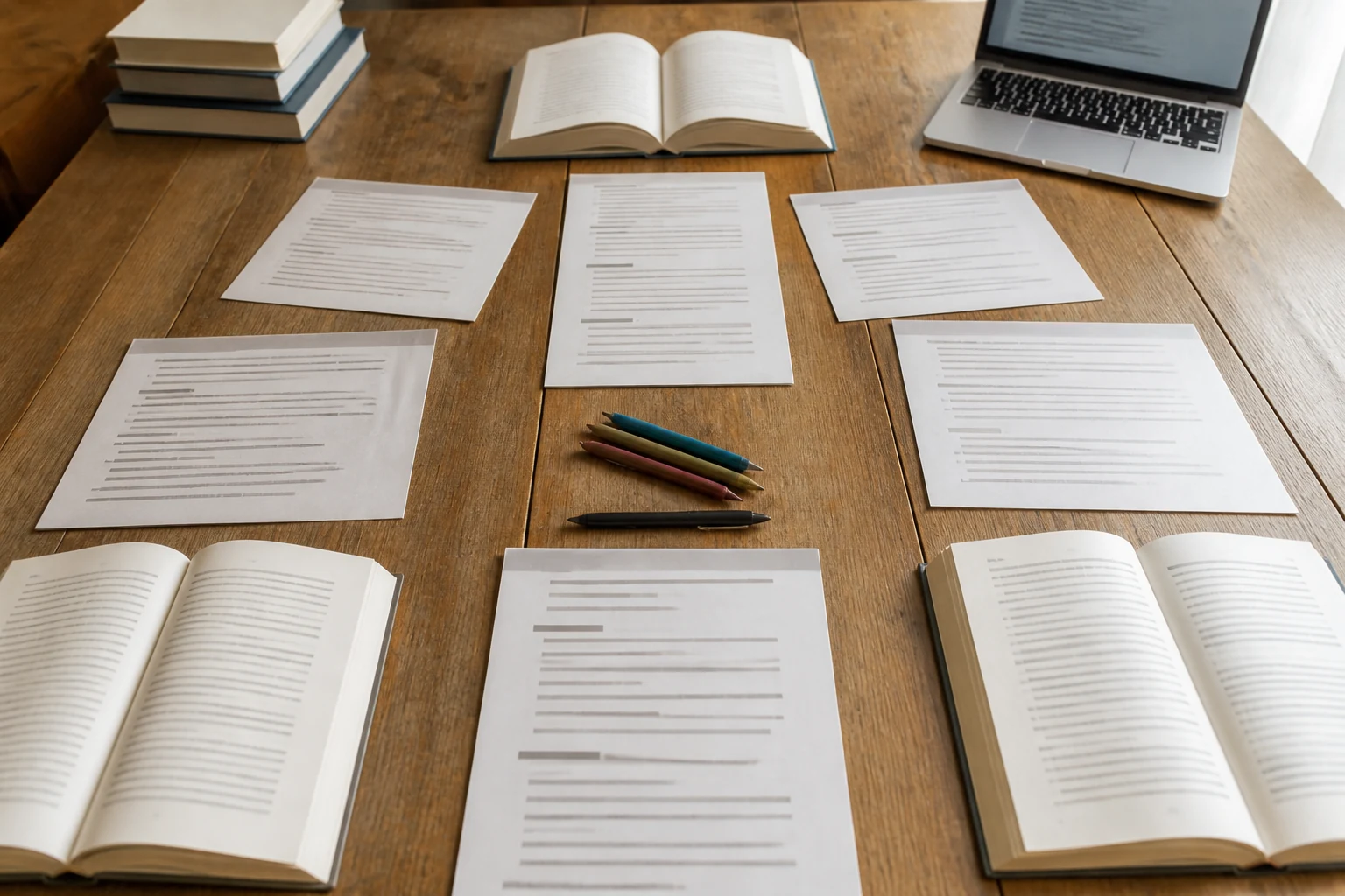 Documents imprimes et livres disposes en arborescence radiale sur un bureau autour d un ordinateur portable