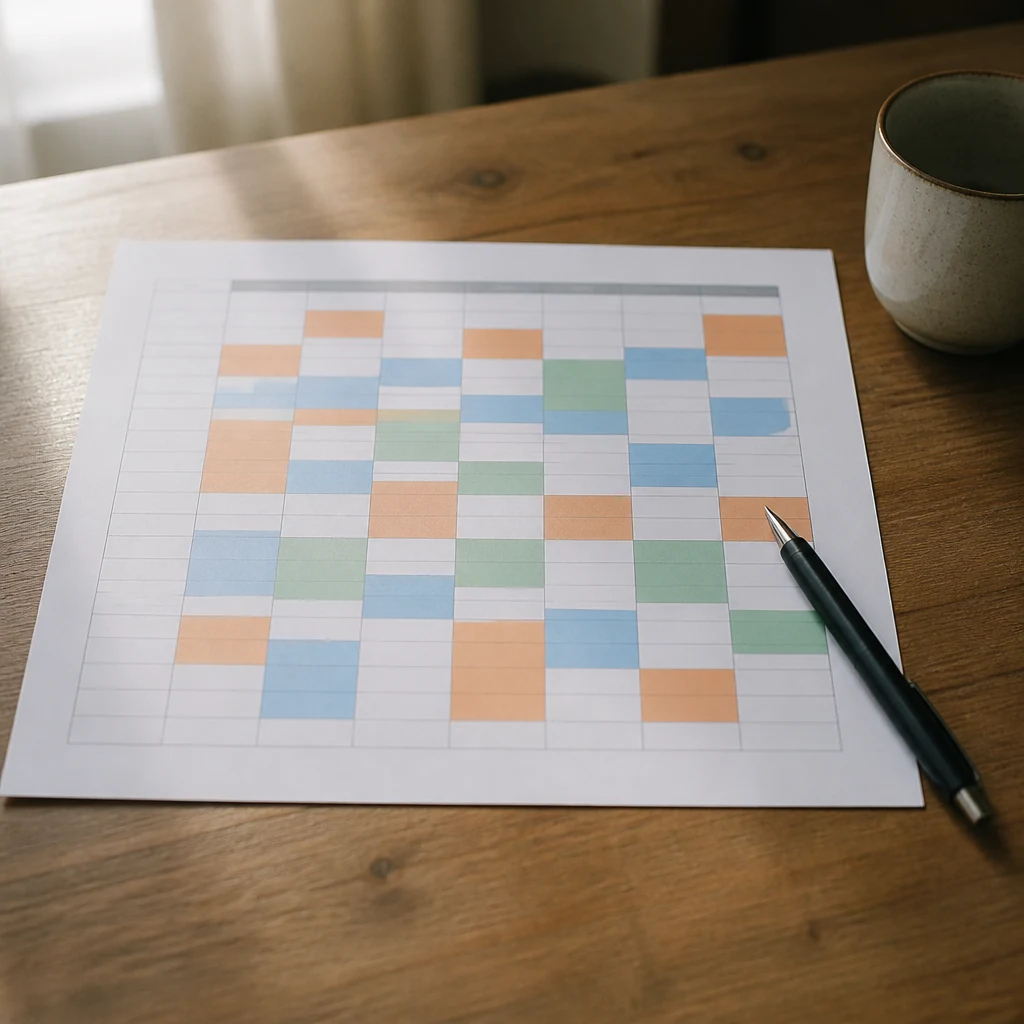 Planning hebdomadaire papier avec des blocs colores marquant les creneaux de revision repartis dans la journee