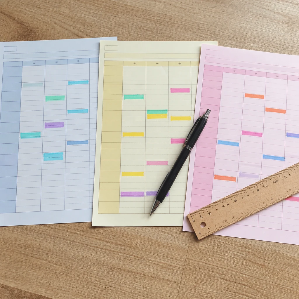 Trois plannings hebdomadaires colories en pastel bleu jaune et rose representant les trois zones scolaires sur une table en bois