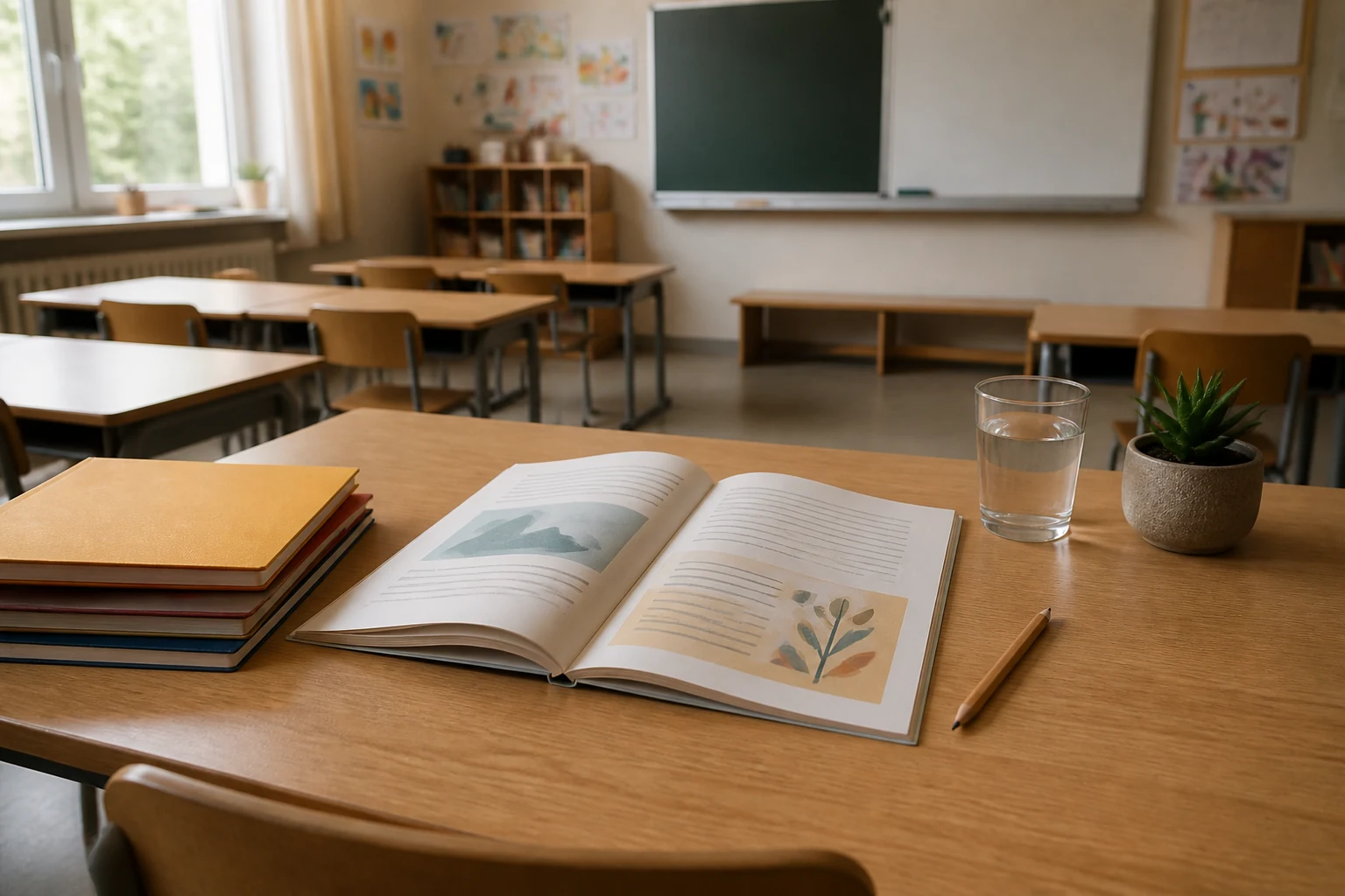 Bureau d'enseignant avec manuel ouvert cahiers de couleur et stylo dans une classe primaire francaise